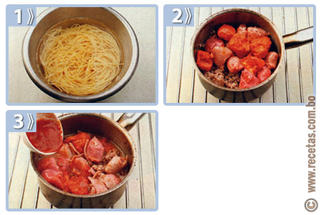 Espaguetis con tocino y carne picada, preparación