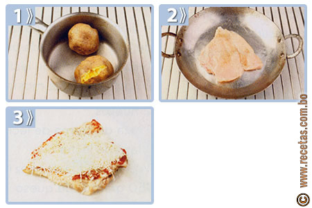 Pollo a la mozzarella con papas doradas y ensalada fresca, preparación - Recetas.com.bo