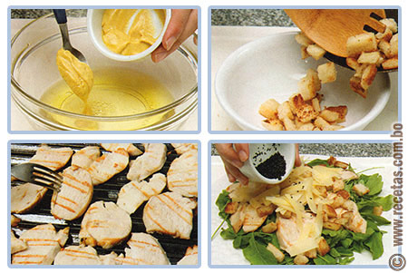 Ensalada de pollo con rúcula, croutons y vinagreta con semillas de sésamo - preparación, Receta - Recetas.com.bo